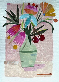 Collage "Sommarbukett" av Maria C Bernhardsson. Orginal med träram. 42x32cm.