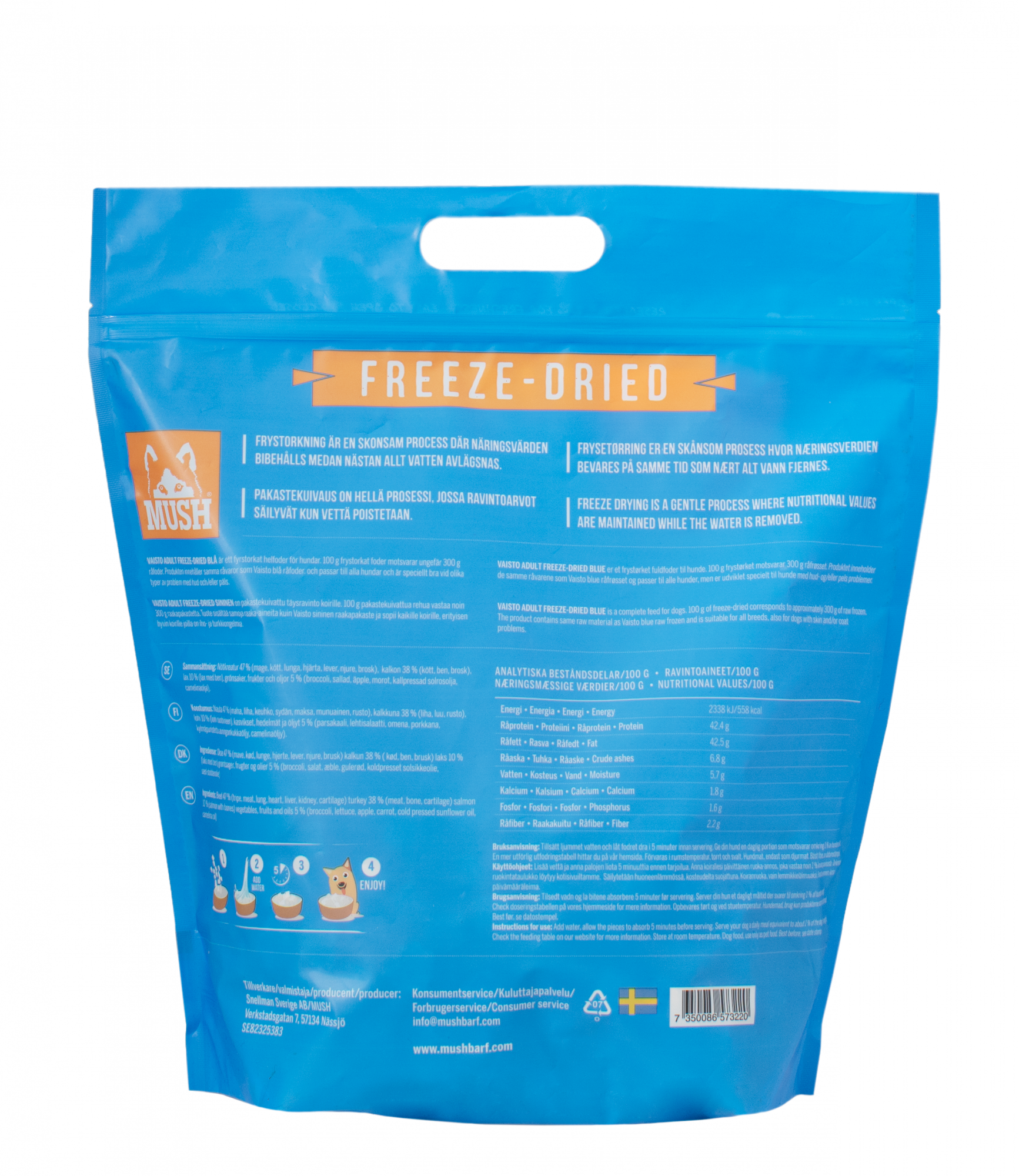 MUSH Vaisto Freeze-Dried® Blå Frystorkat Hundfoder - 800 g