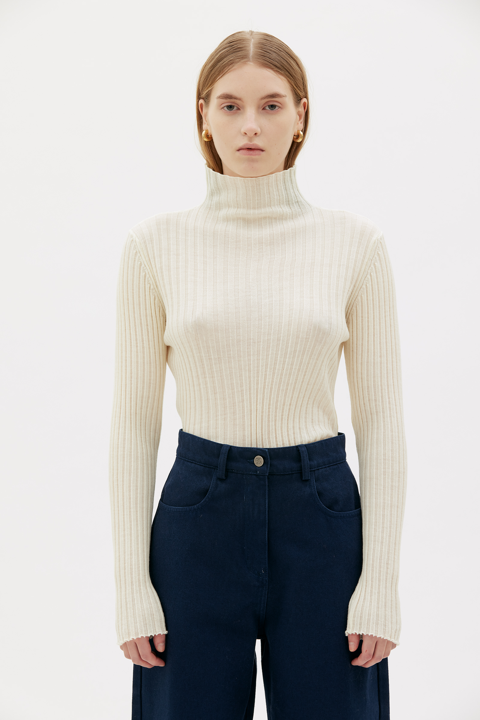 Arvi ribbed fine merino wool mock neck top Cream white MASKA