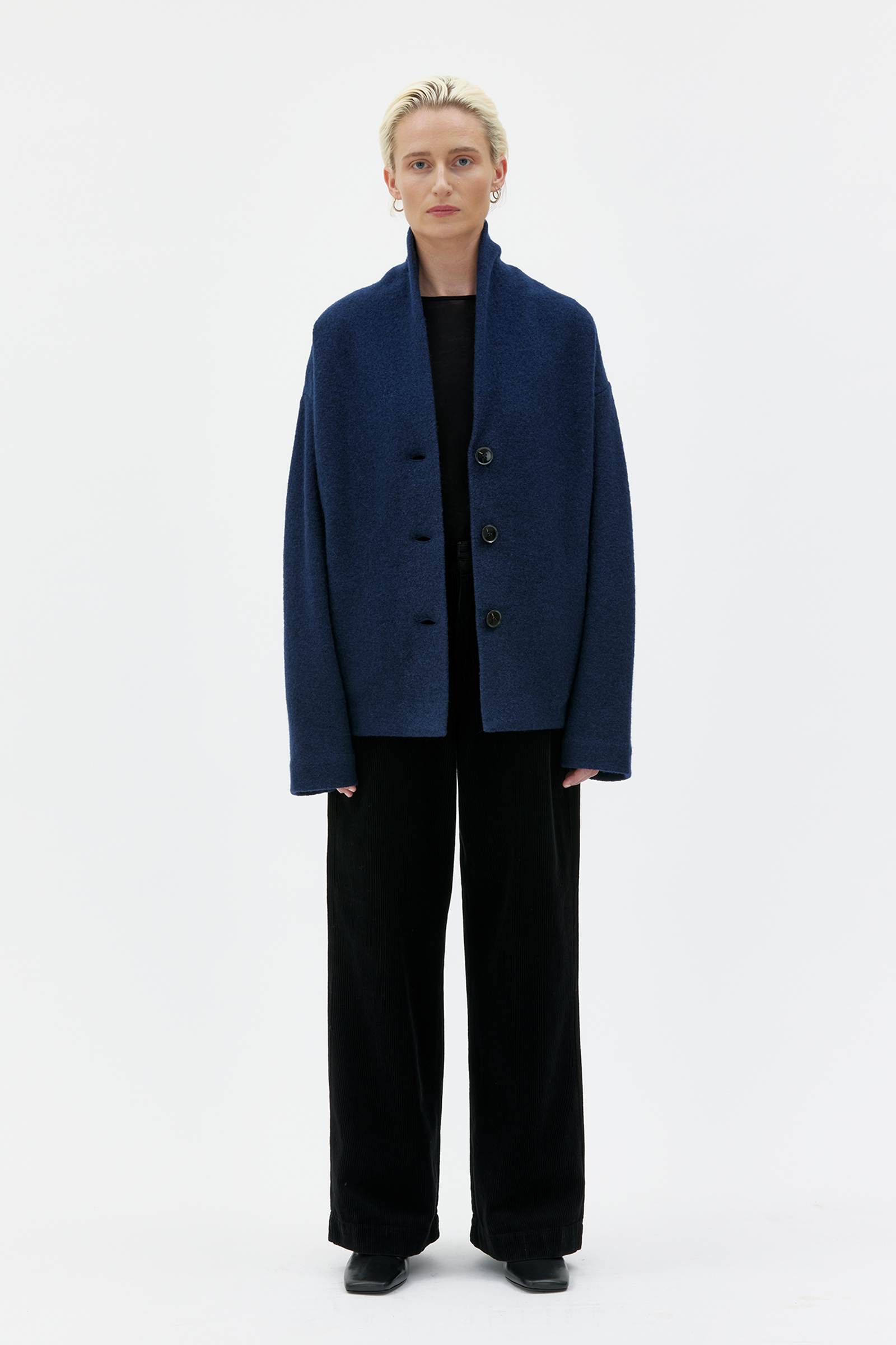 Navy blue boiled wool jacket on sale