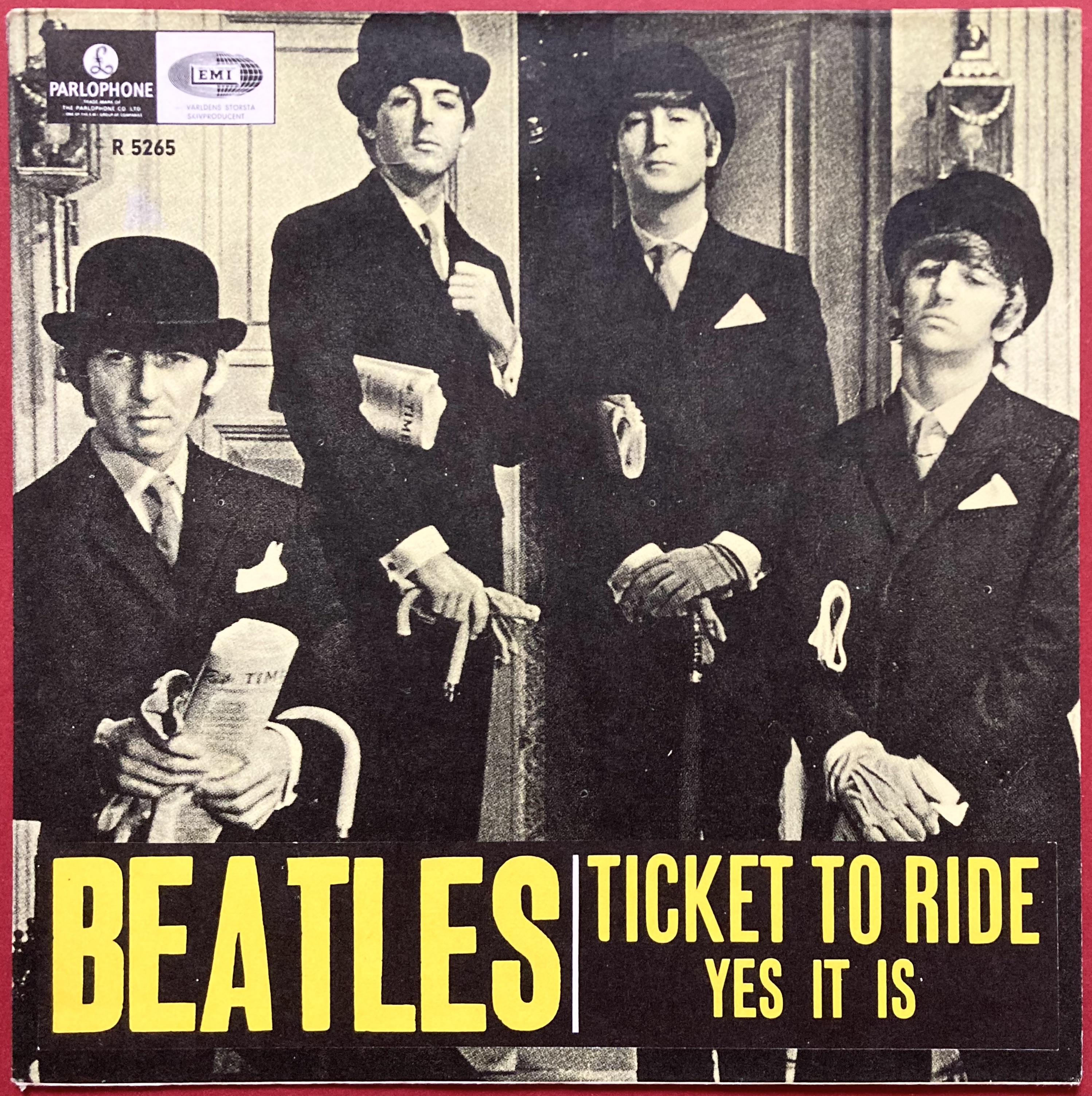 BEATLES - Ticket to ride 7" Deep yellow Swe PS 1965