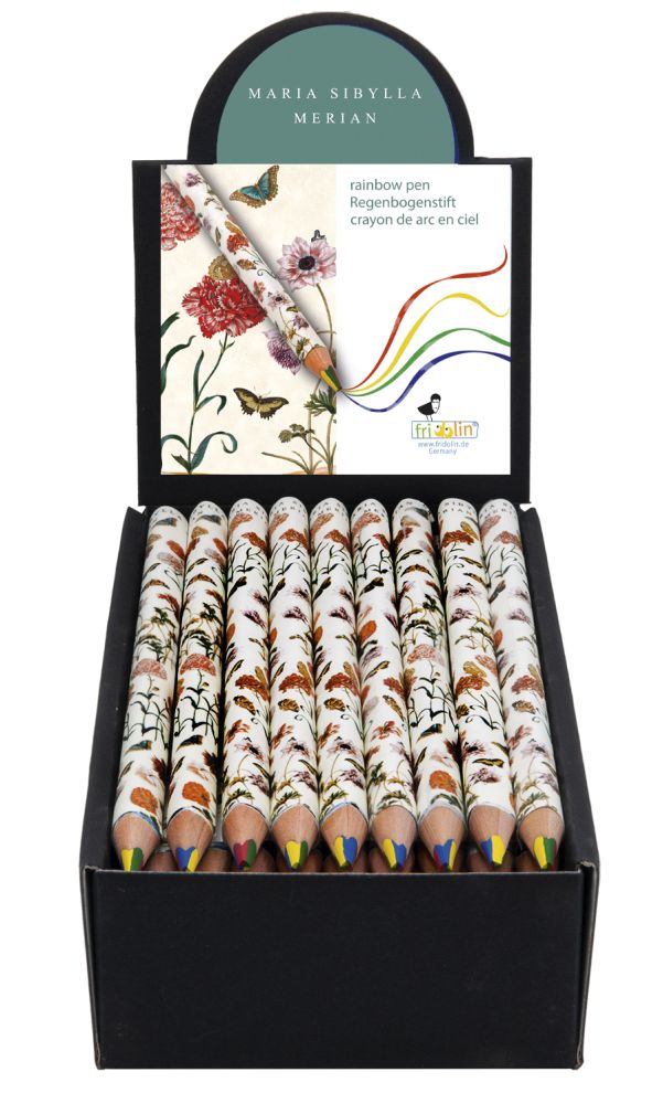 Blyertspennor med regnbågsstift, Maria Sibylla Merian, Bordsdisplay med 50 st.