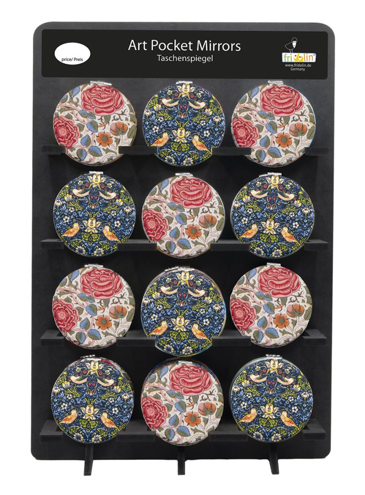 Rund lommespejl, stofbeklædt, William Morris, Borddisplay med 48 stk.