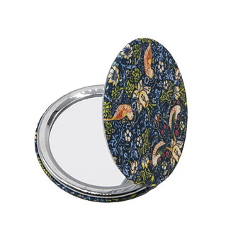 Rundt lommespejl, stofbeklædt, William Morris, Strawberry Thief