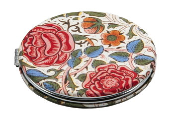 Rundt lommespejl, stofbeklædt, William Morris, Roser