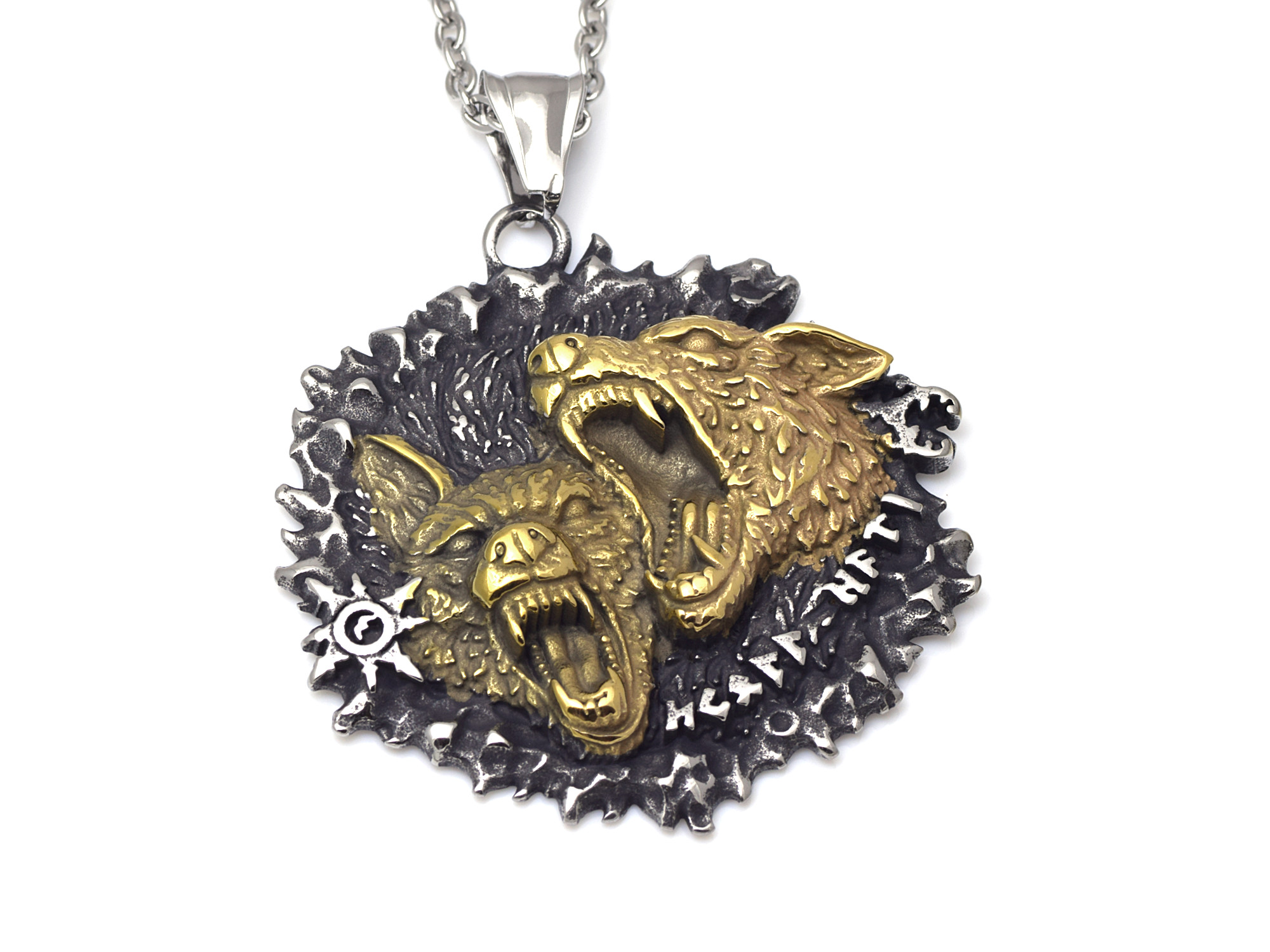 Gere och Freke Halsband i Rostfritt Stål, Asatro Vargar Hänge, Nordisk Mytologi Accessoar, Viking Smycke - 2