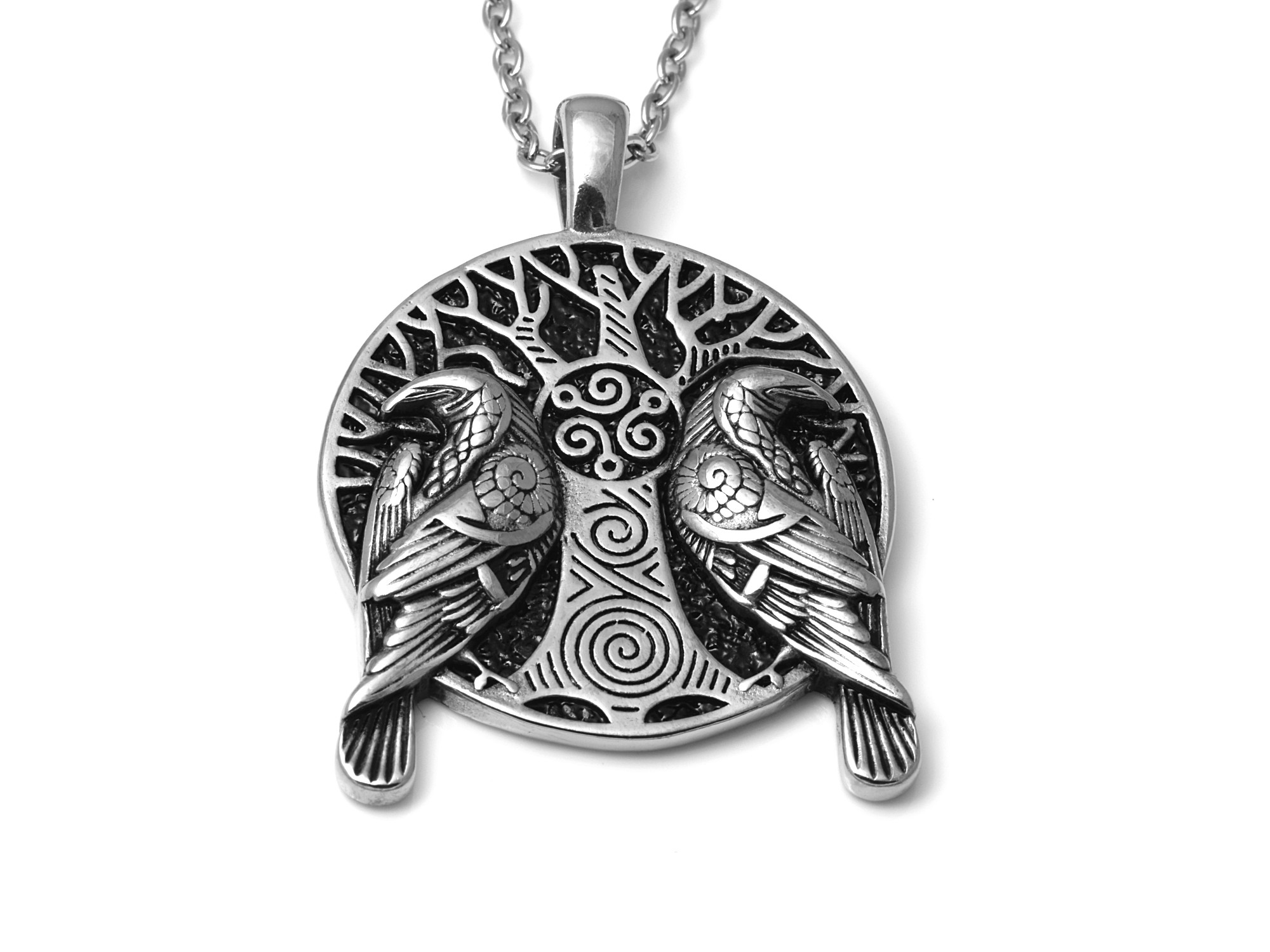 Hugin och Munin Halsband i Rostfritt Stål, Korpar Hänge, Asatro Accessoar, Yggdrasil Smycke - 2