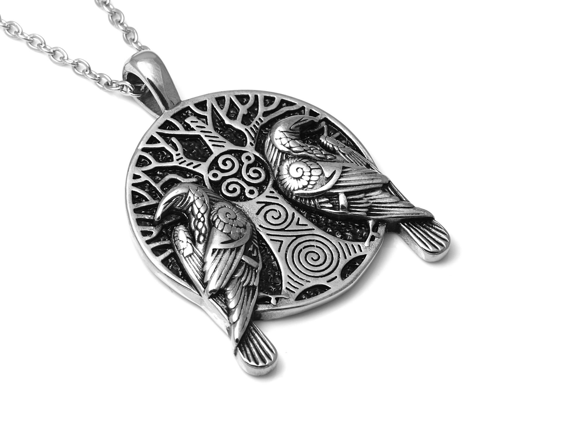 Hugin och Munin Halsband i Rostfritt Stål, Korpar Hänge, Asatro Accessoar, Yggdrasil Smycke
