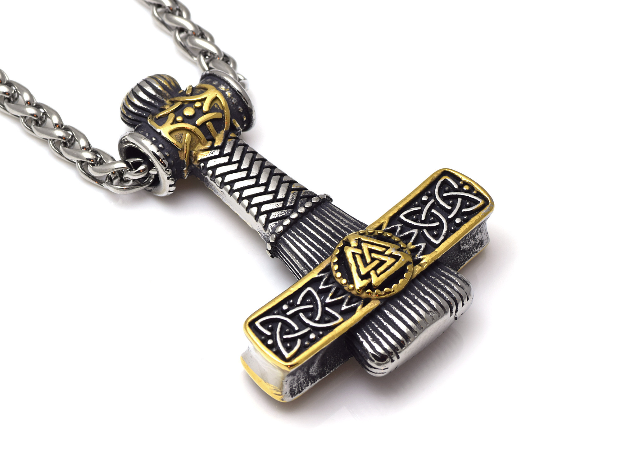 Mjölner med Gulddetaljer Halsband i Rostfritt Stål, Viking Hänge, Torshammare Smycke