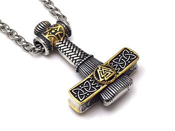 Mjölner med Gulddetaljer Halsband i Rostfritt Stål, Viking Hänge, Torshammare Smycke