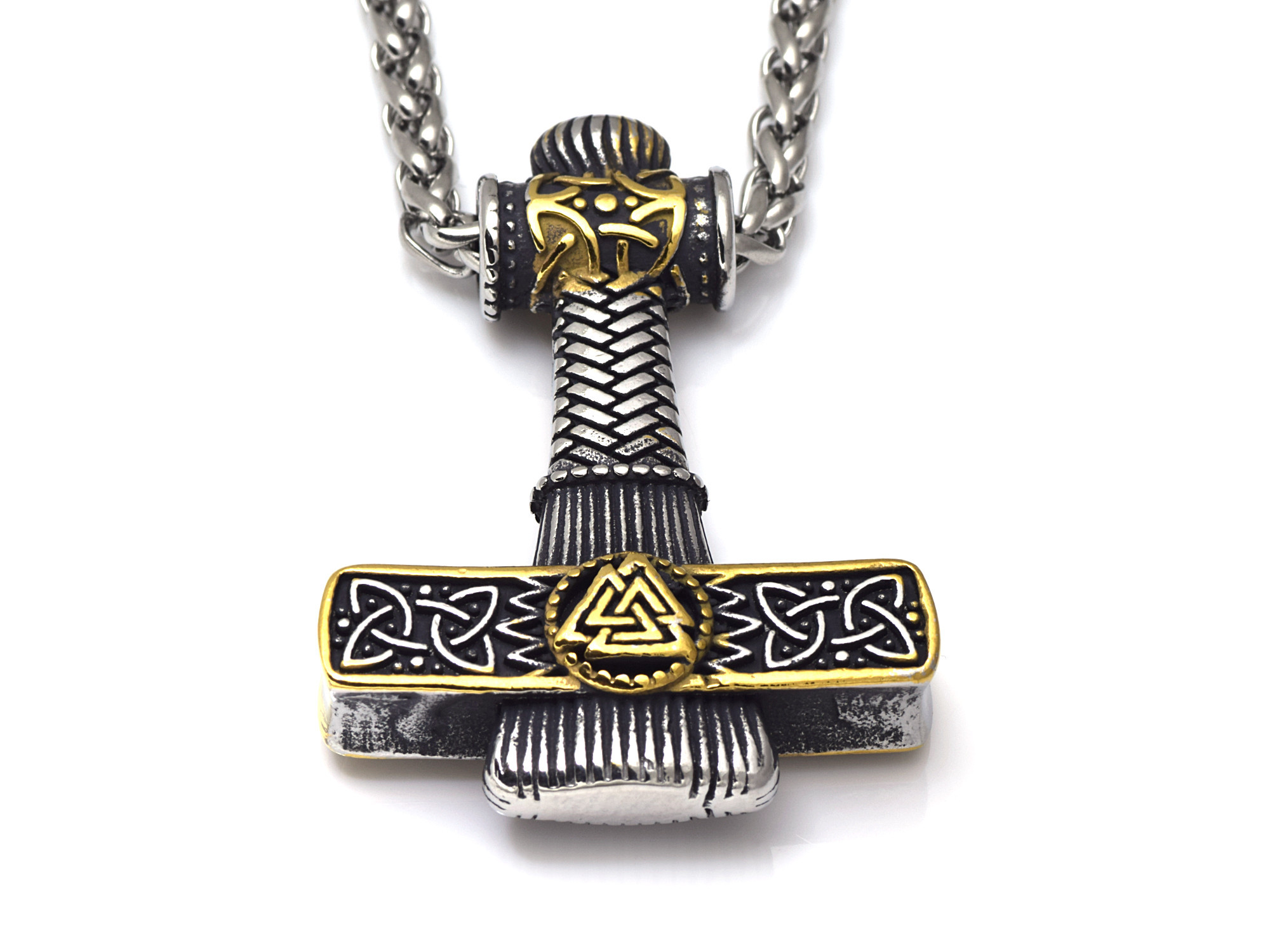 Mjölner med Gulddetaljer Halsband i Rostfritt Stål, Viking Hänge, Torshammare Smycke - 2