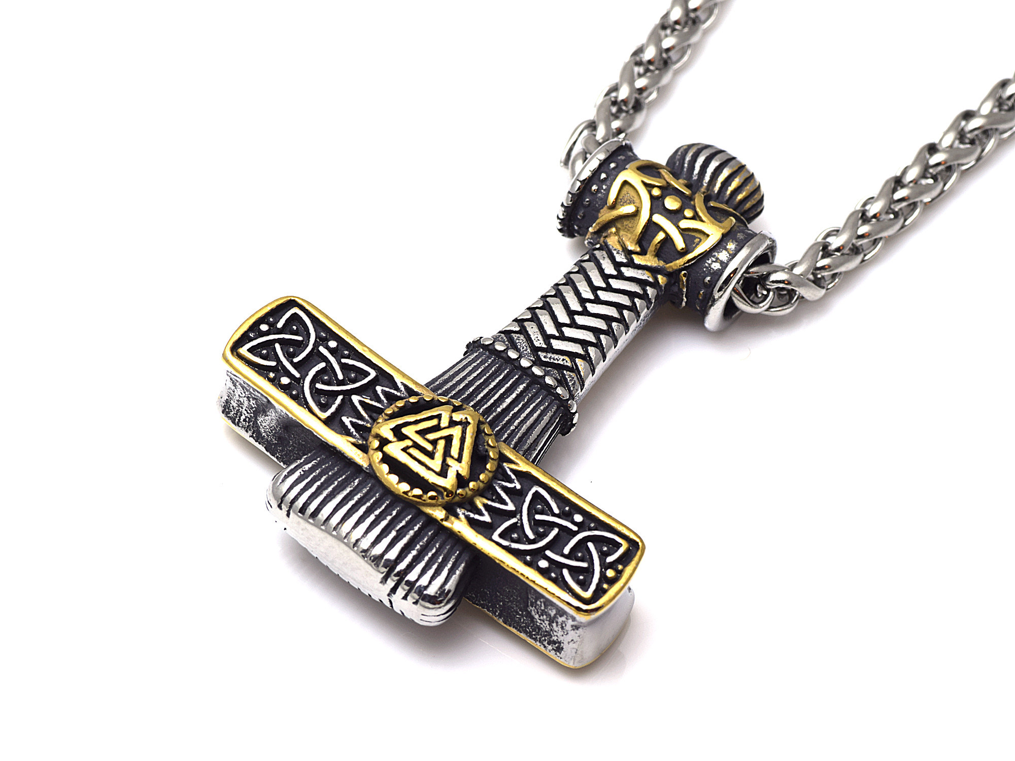 Mjölner med Gulddetaljer Halsband i Rostfritt Stål, Viking Hänge, Torshammare Smycke - 3