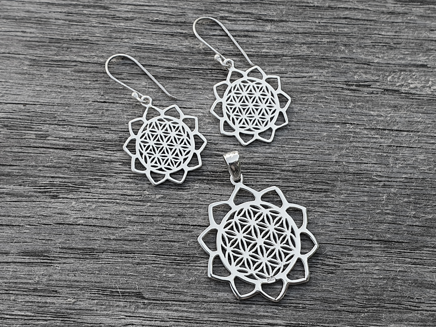 Flower of life med kronblad, set hänge+örh, 925-silver