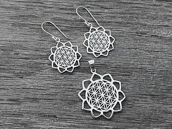Flower of life with petals, set pendant+ear, 925-silver
