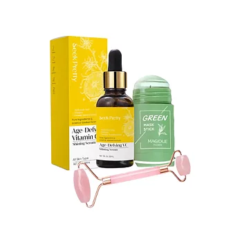 Pinkki jade roller, Clay mask stick ja C-vitamiiniseerumin kanssa