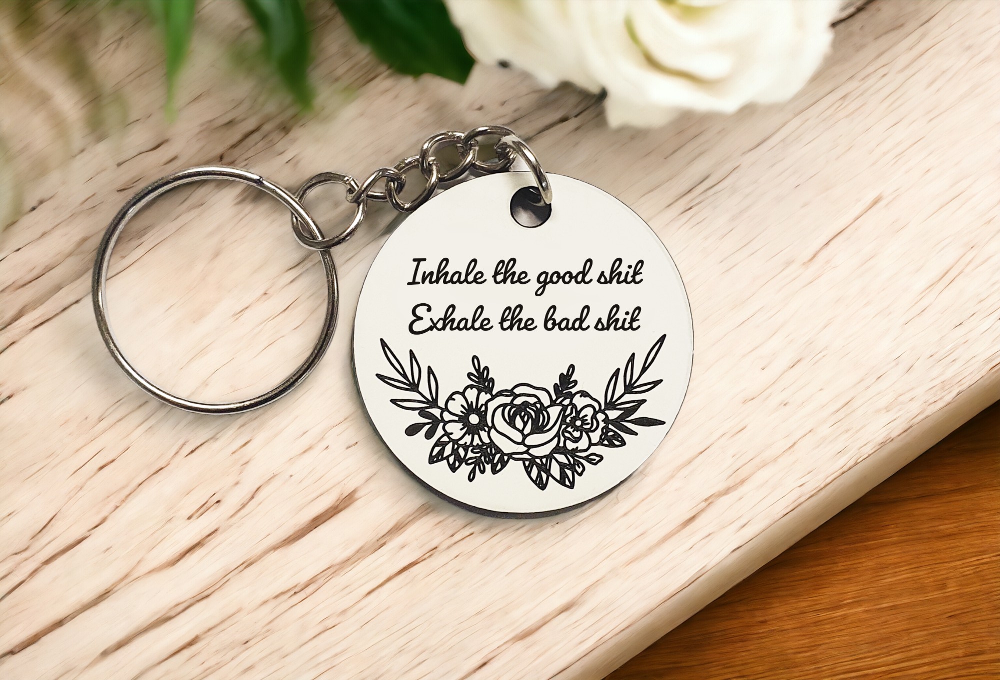 Egen text nyckelring med blomster - 2