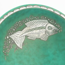 Wilhelm Kåge (Argenta 1959) Green Bowl with Silver Fish Decor 13 cm