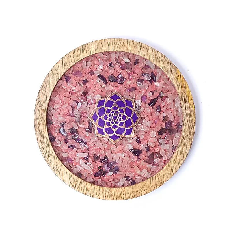 Glasunderlägg i trä Lotus, rosenkvarts och ametist