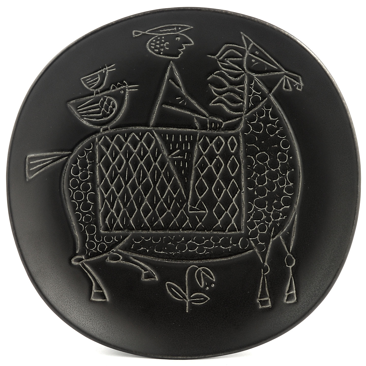 Stig Lindberg (Piazza 1960) Black Dish with Horse Rider Relief