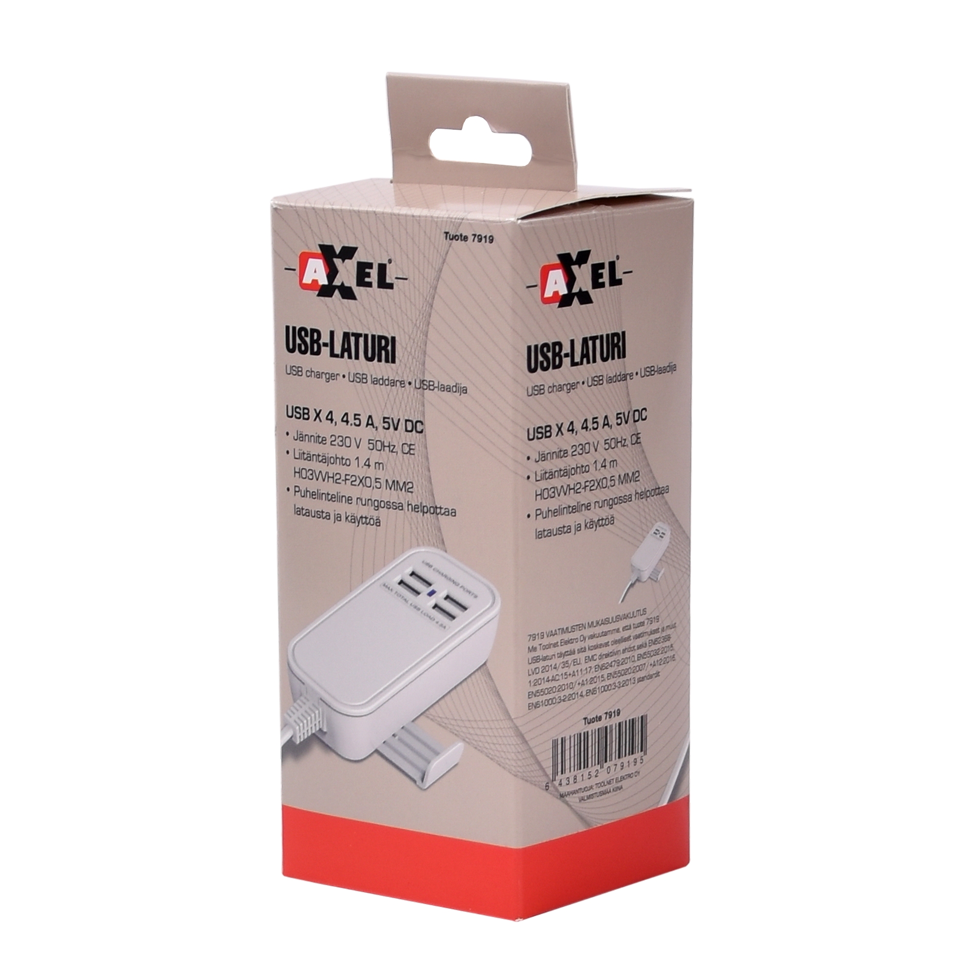 AXXEL USB-LADDARE 4 UTTAG 4.5A 230V - 3