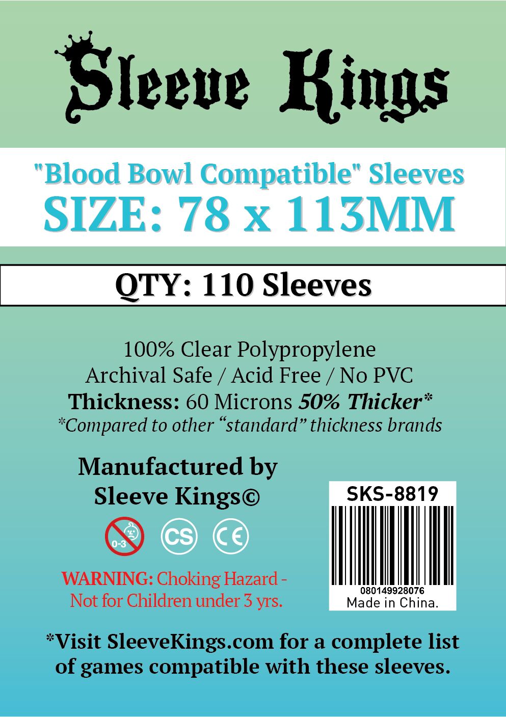 Sleeve Kings Blood Bowl Compatible Sleeves (78x113mm) - 110 Pack 60 Microns
