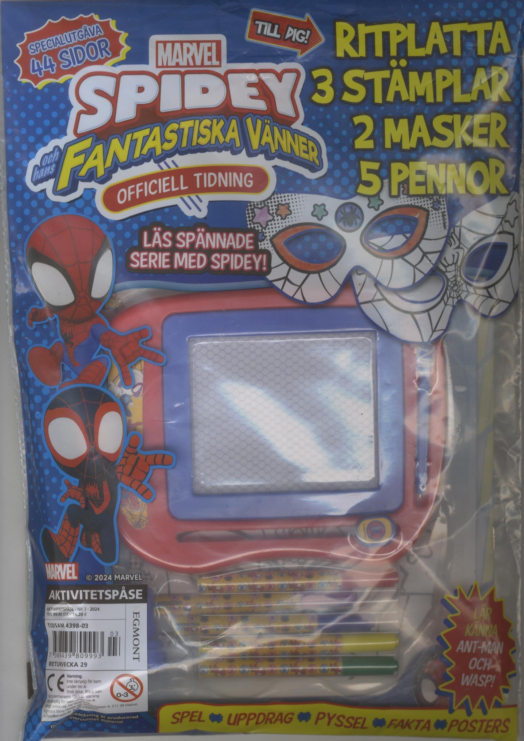 Aktivitetspåse nr 3 2024, Marvel Spidey och hans fantastiska vänner, Ritplatta, 3 stämplar, 2 masker & 5 pennor