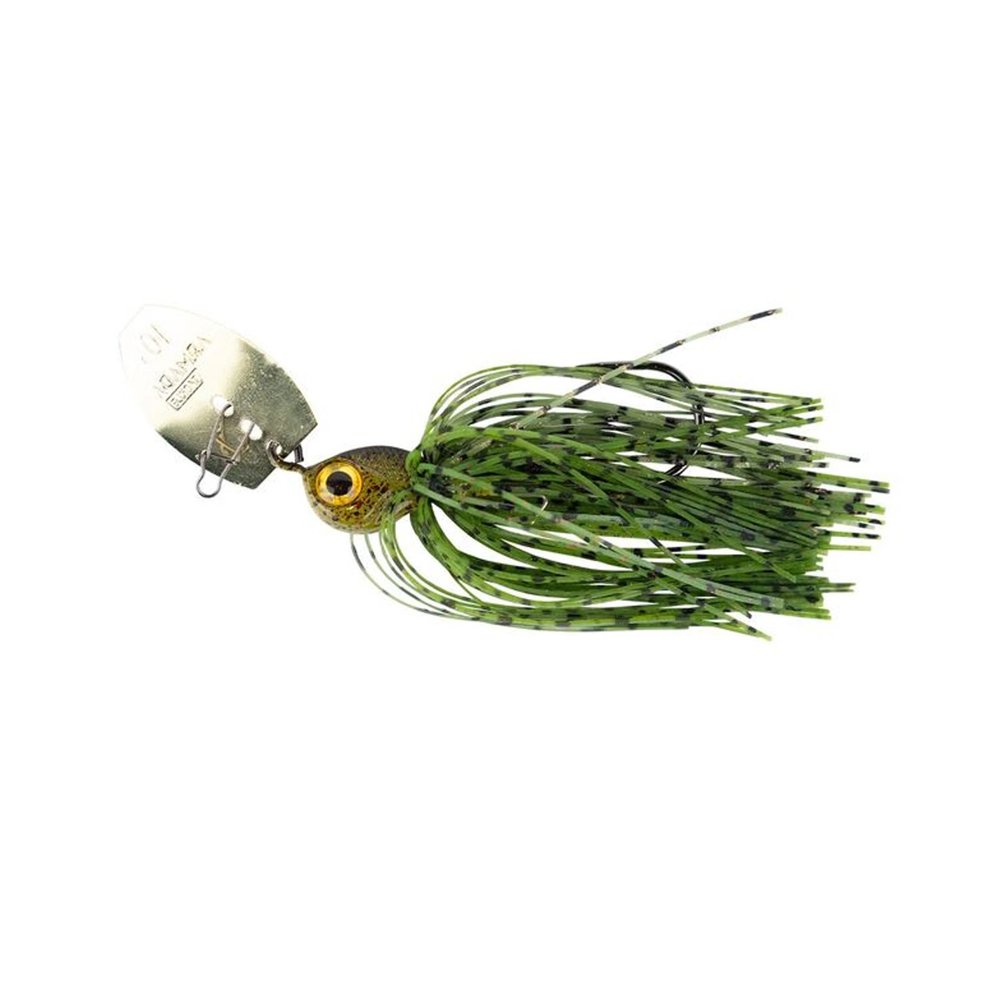 Armada eyechatter is a 10g chatterbait. Vibrates and knocks away grass with its spoon in front. Perch killer. green pumpkin