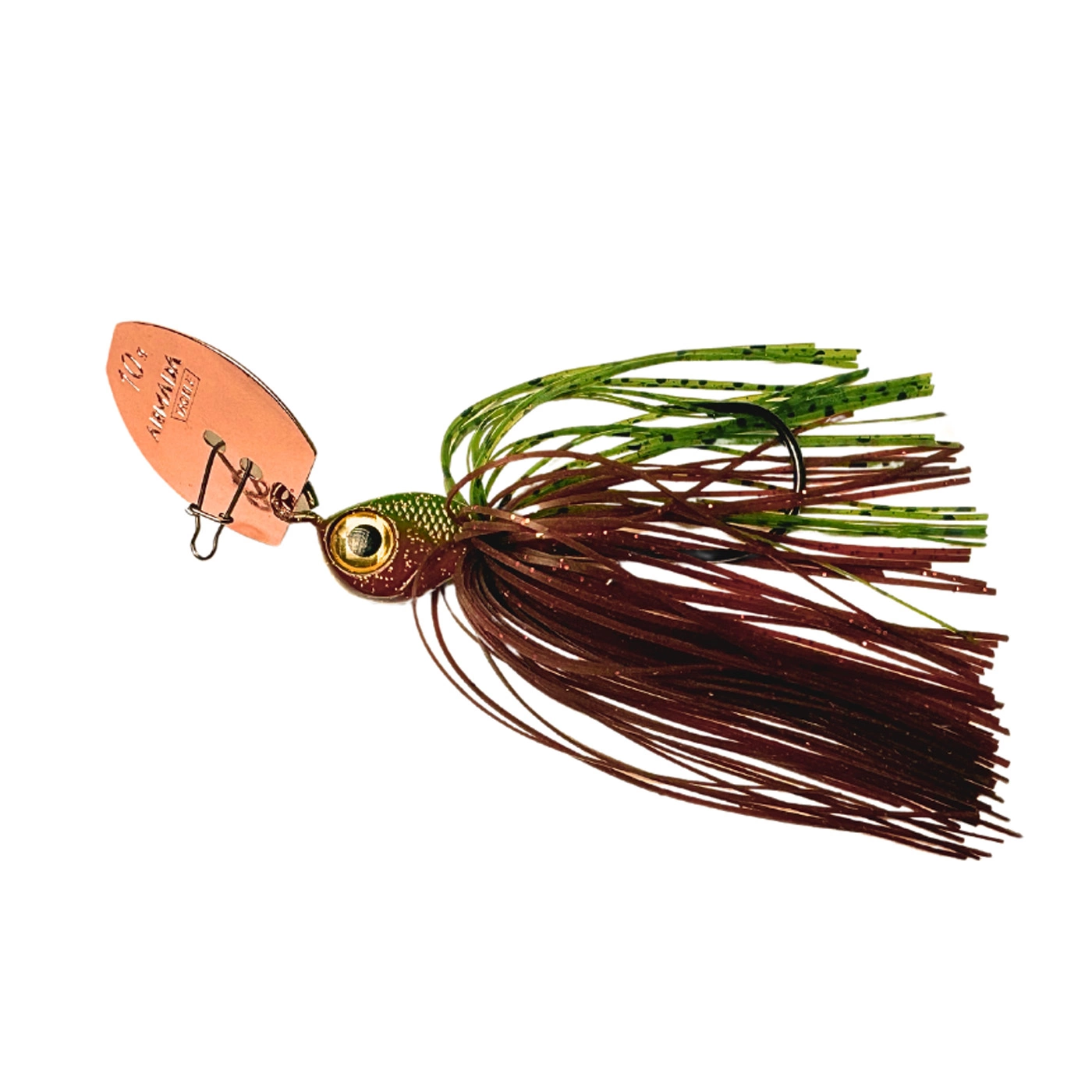 Armada eyechatter is a 10g chatterbait. Vibrates and knocks away grass with its spoon in front. Perch killer. motoroil