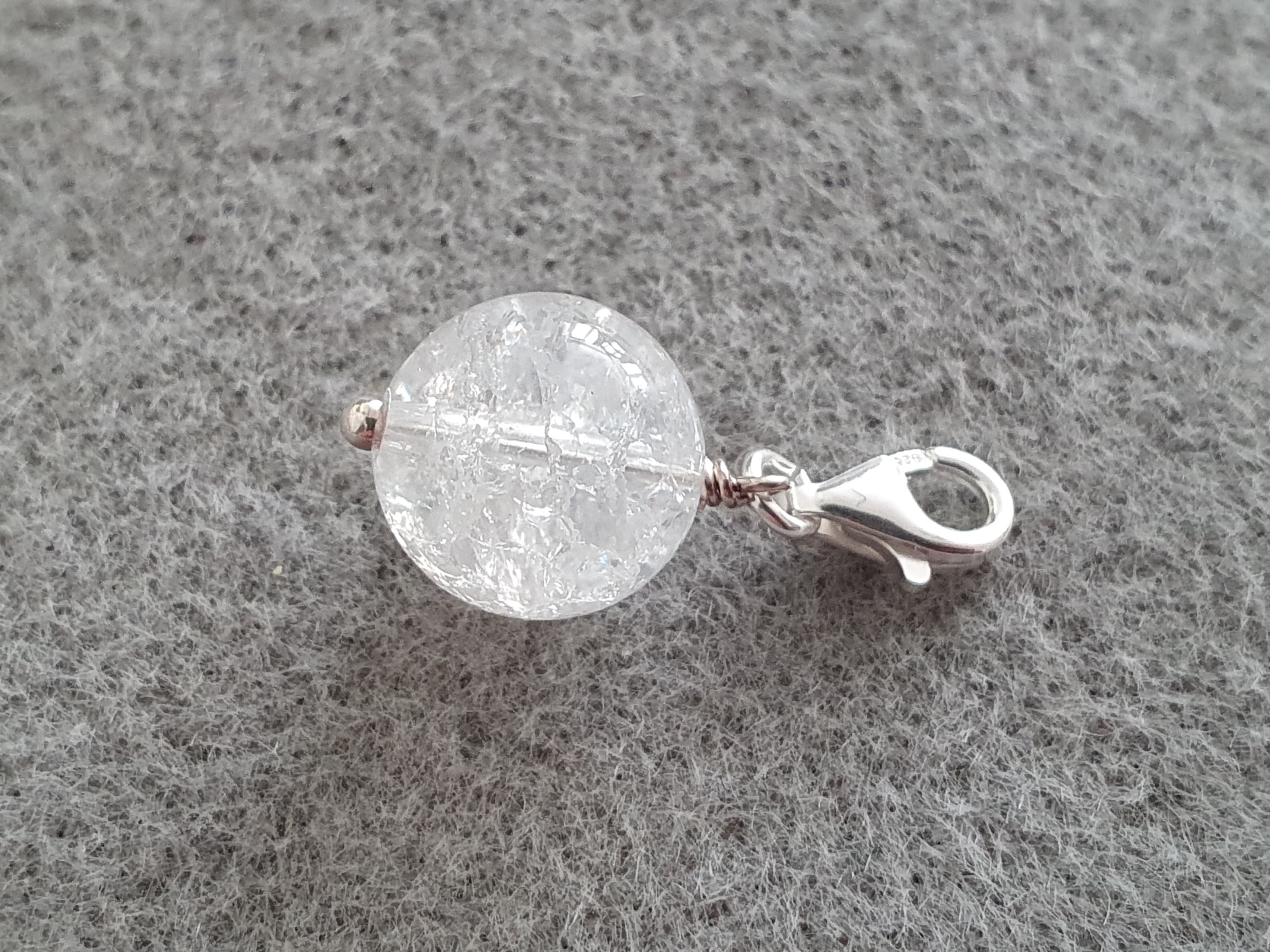 Berlock krackelerad bergkristall 12mm kula, 925-silver