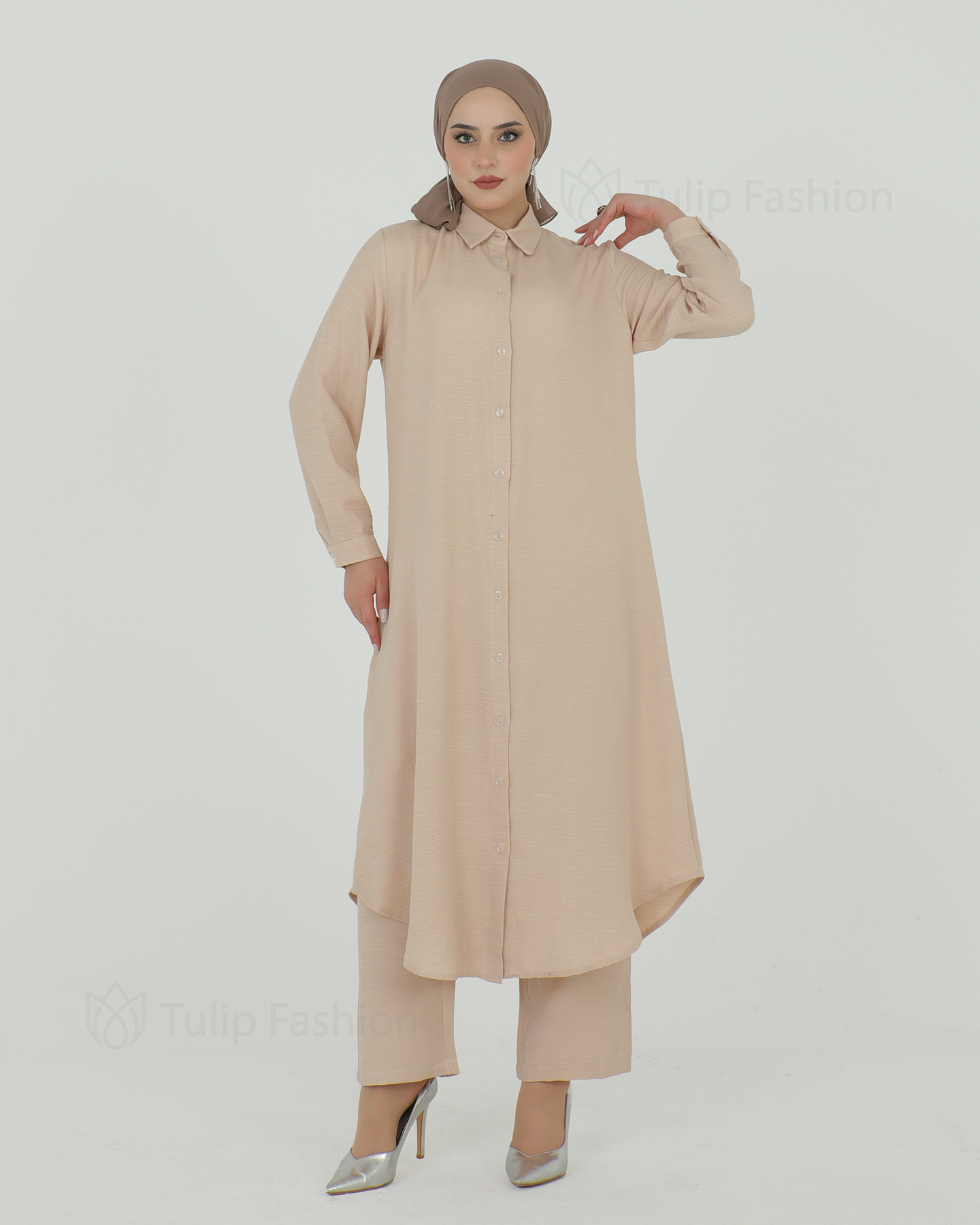 Lång skjorta 3-delad set - Beige - 3