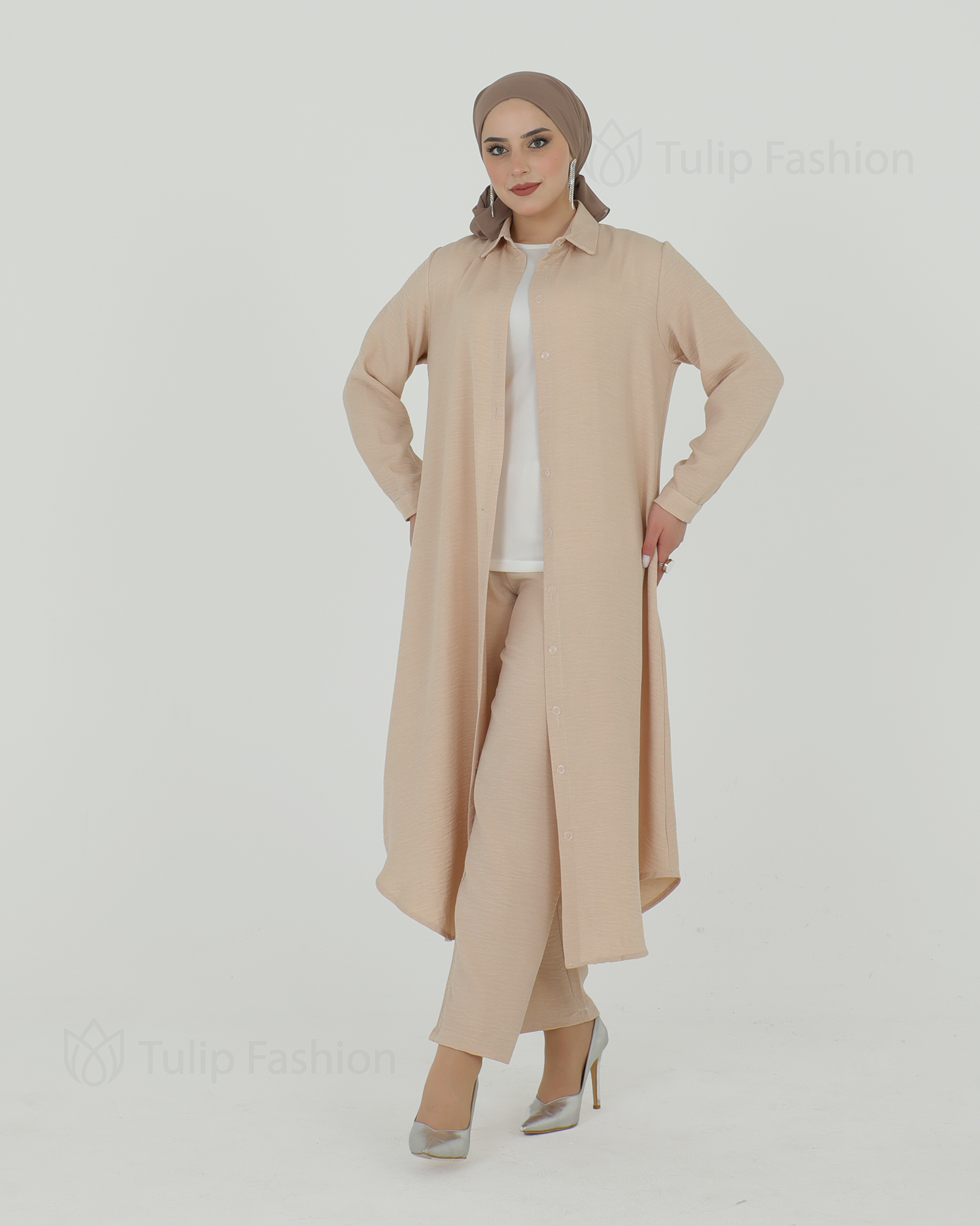 Lång skjorta 3-delad set - Beige - 2
