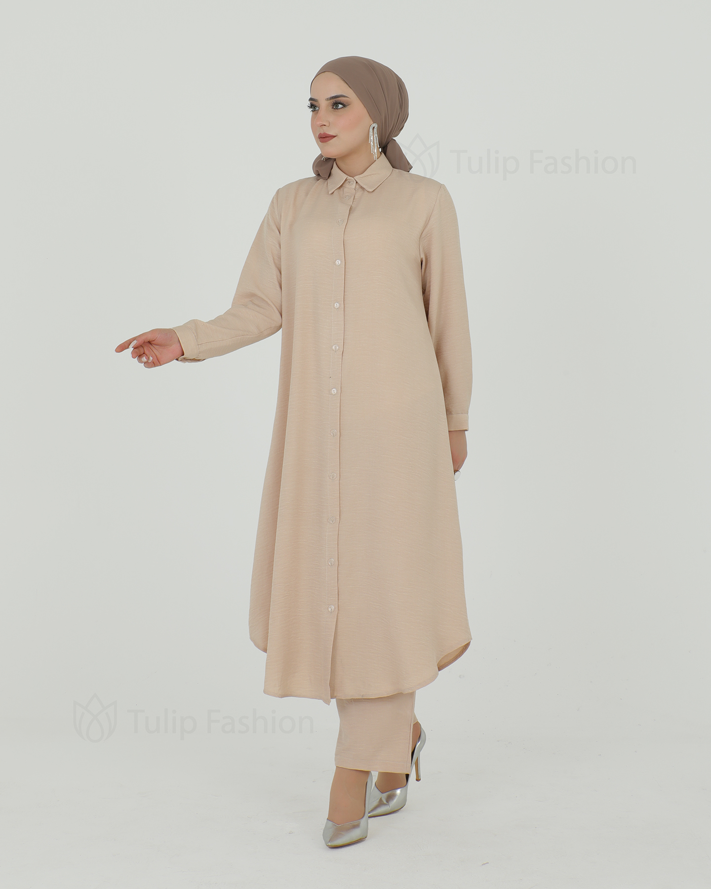 Lång skjorta 3-delad set - Beige - 4