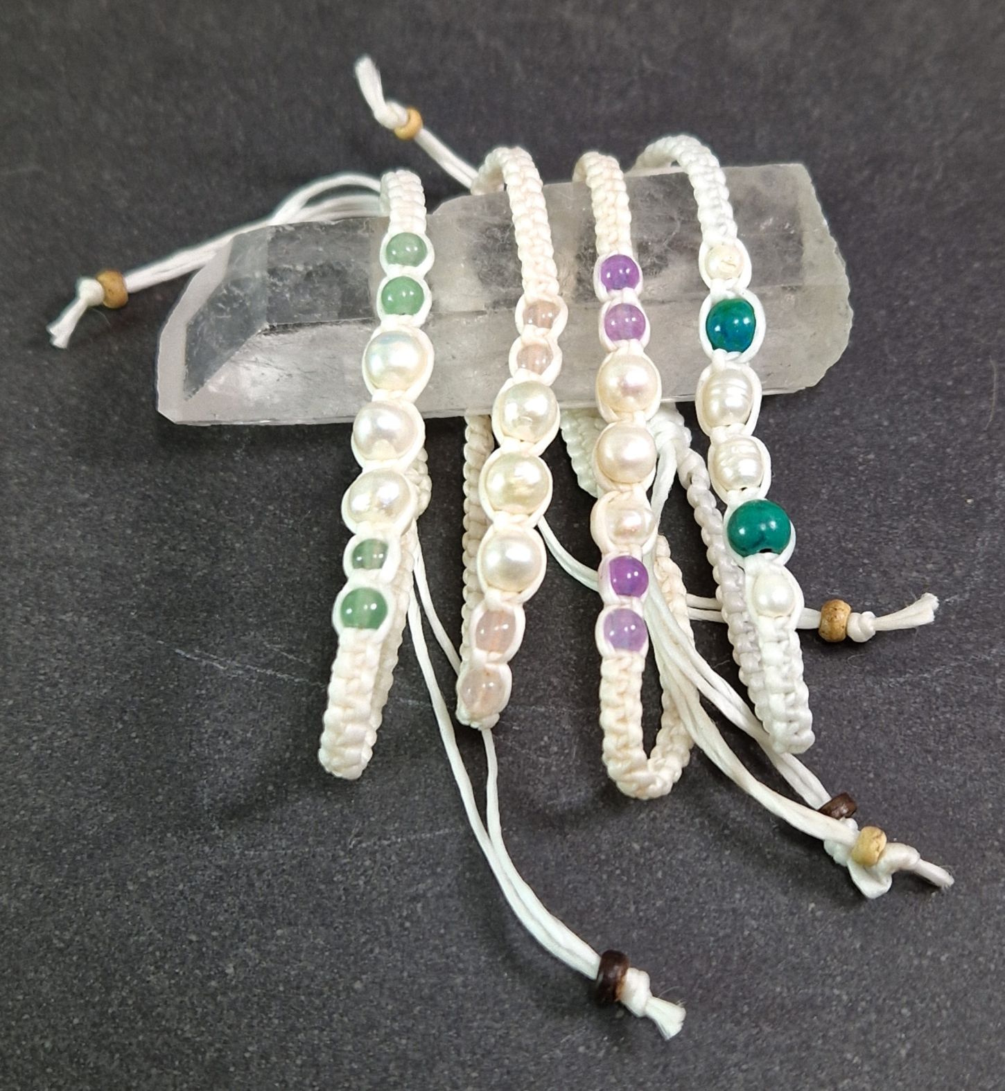Vävd Vaxat Nylon Armband - Vit - med Pärlor - 2