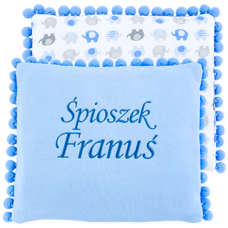 Baumwollkissen mit Widmung (Blaue Elefanten)