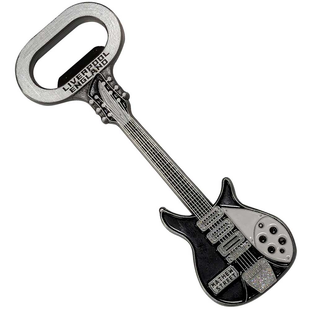 Official licensed Rock Off Bottle Opener featuring the 'Mathew Street B&W Guitar' design motif.