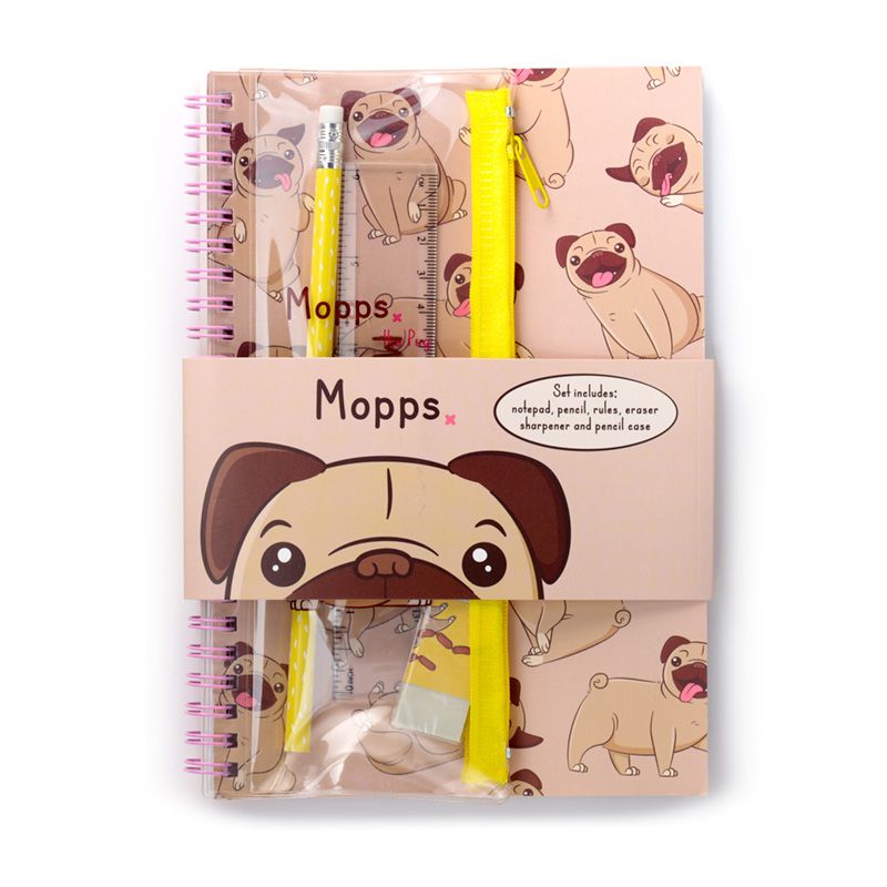 Mops Anteckningsbok med Pennfodral, Sudd, Linjal, Penna & Pennvässare
