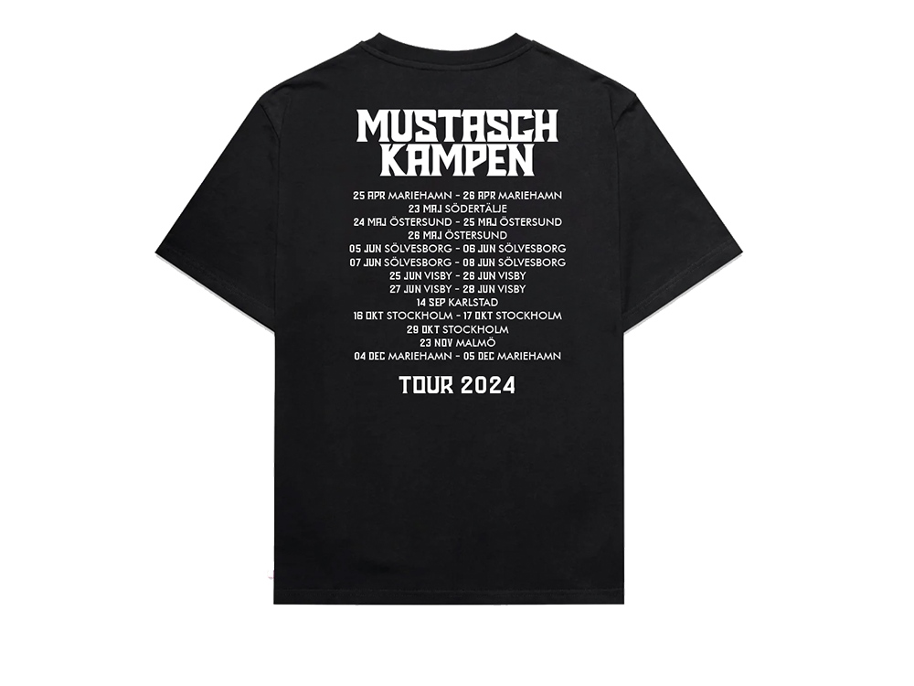 Produktbild på framsidan av den limiterade rock t-shirten med turnéplan på ryggen