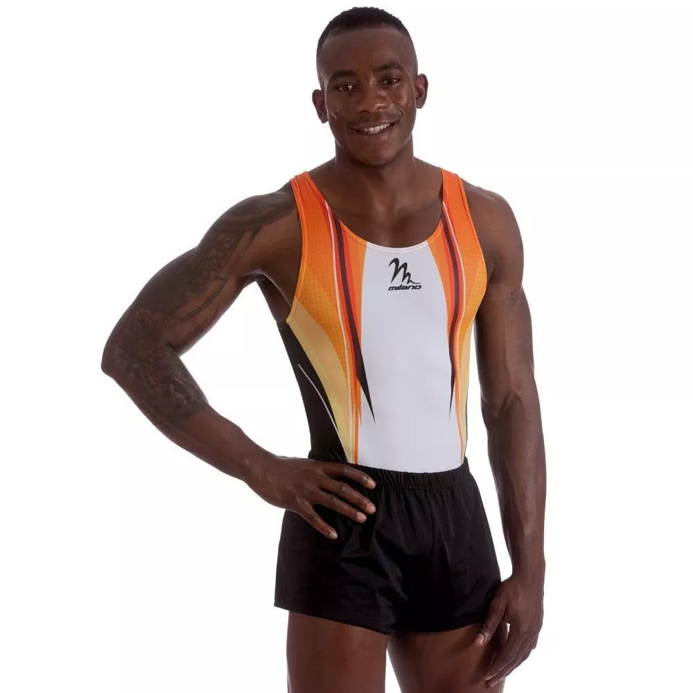Men's Checker Gymnastics Leotard | Orange, tränings- & tävlingsbody herr, sublimerad lycra