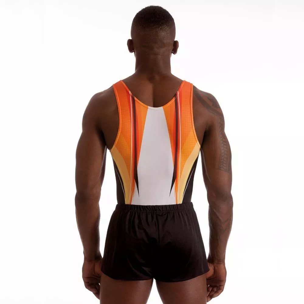 Men's Checker Gymnastics Leotard | Orange, tränings- & tävlingsbody herr, sublimerad lycra - 2