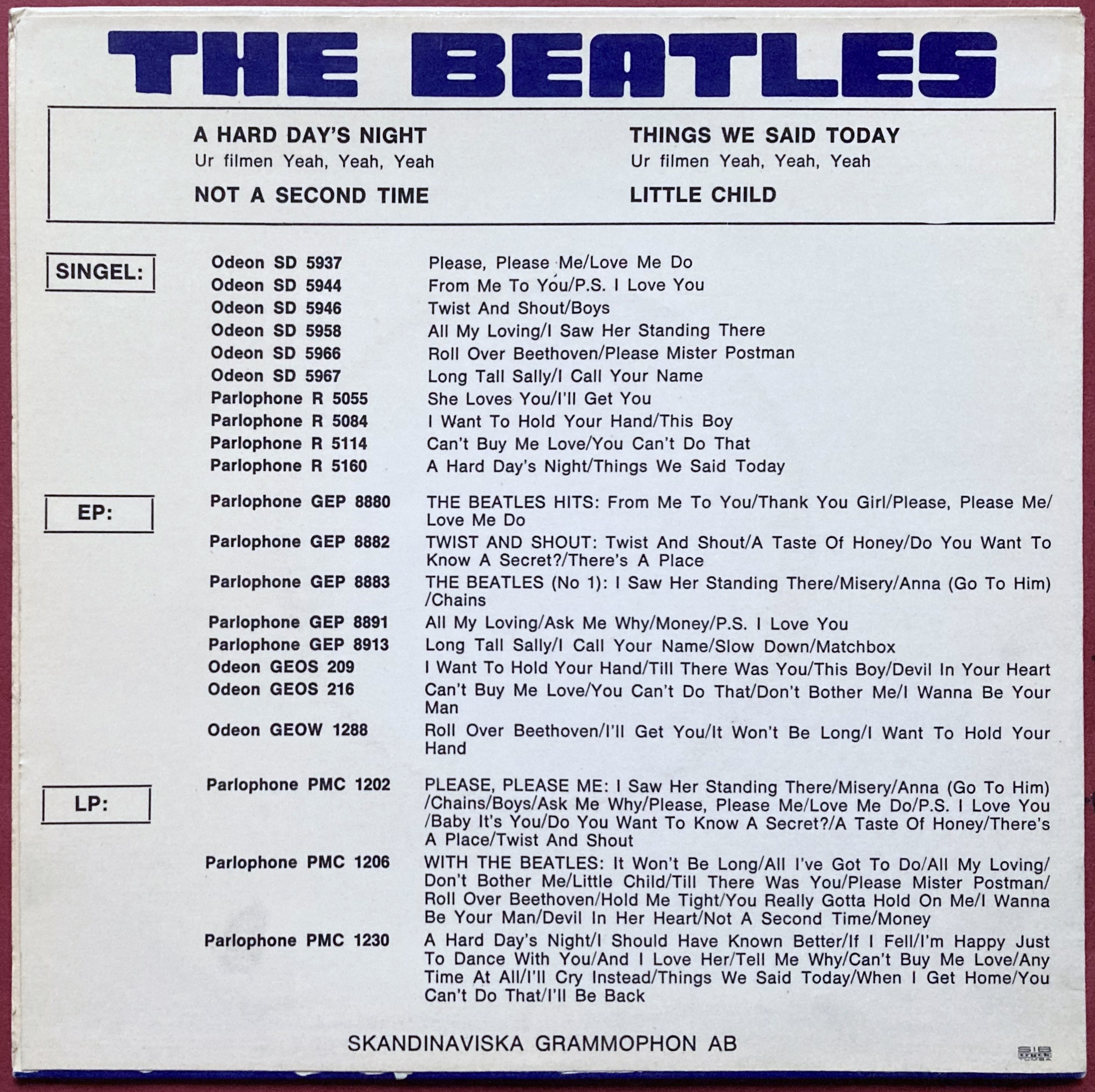 BEATLES - A hard days night +3 Felmatch Swe EP 1964 - 2