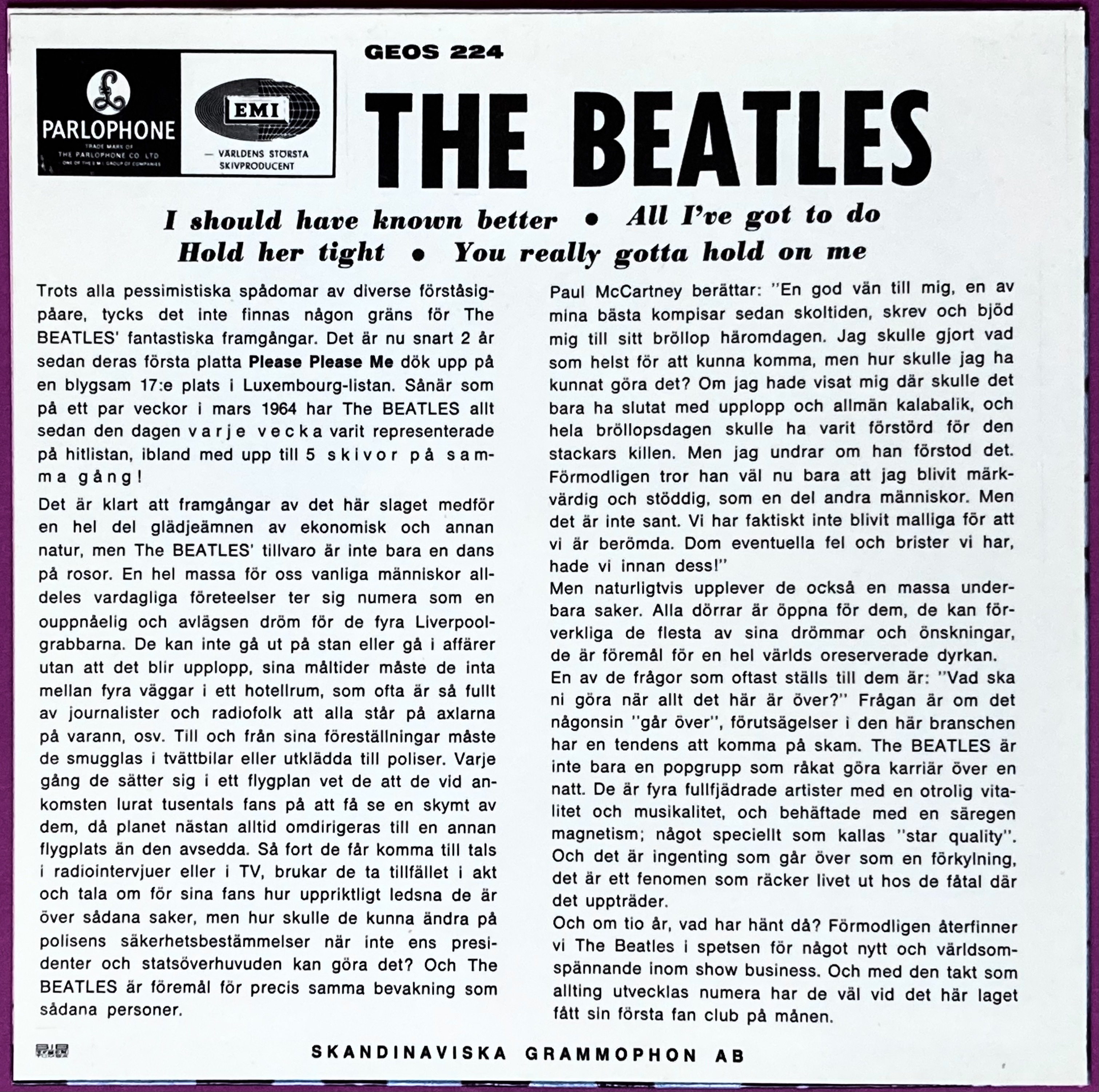 BEATLES - I should have known better +3 Swe EP 1964 - 2