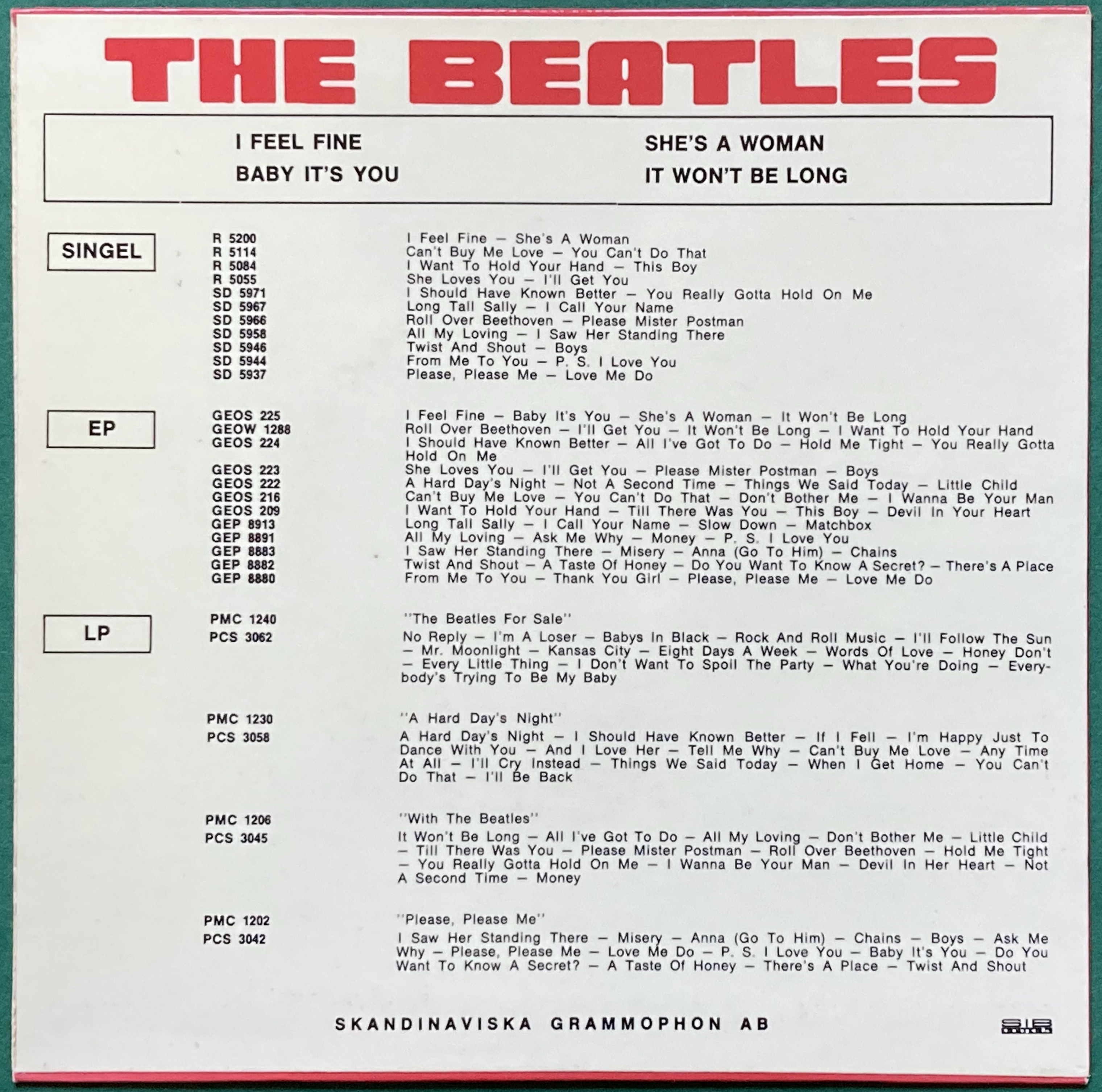 BEATLES - I feel fine +3 Swe EP 1964 - 2
