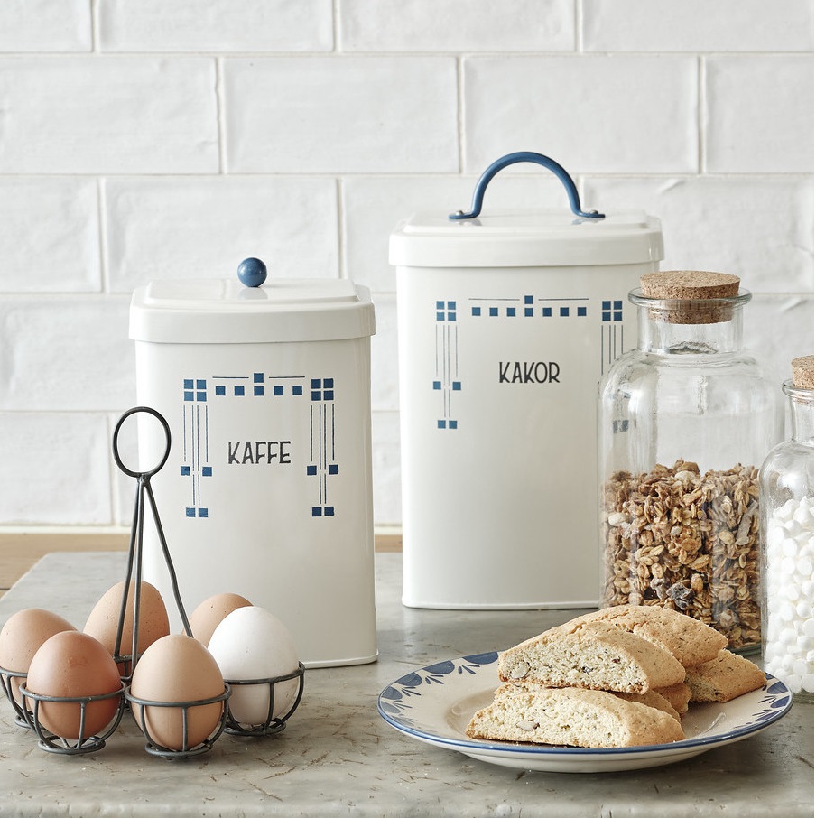 Emaljburk Kaffe med lock vit emalj blå jugend lantlig stil Gårdsromantik - 2