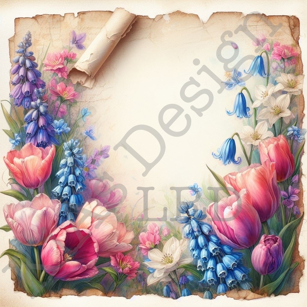 KD LRD  010 -Vintage notis med vårblommor 