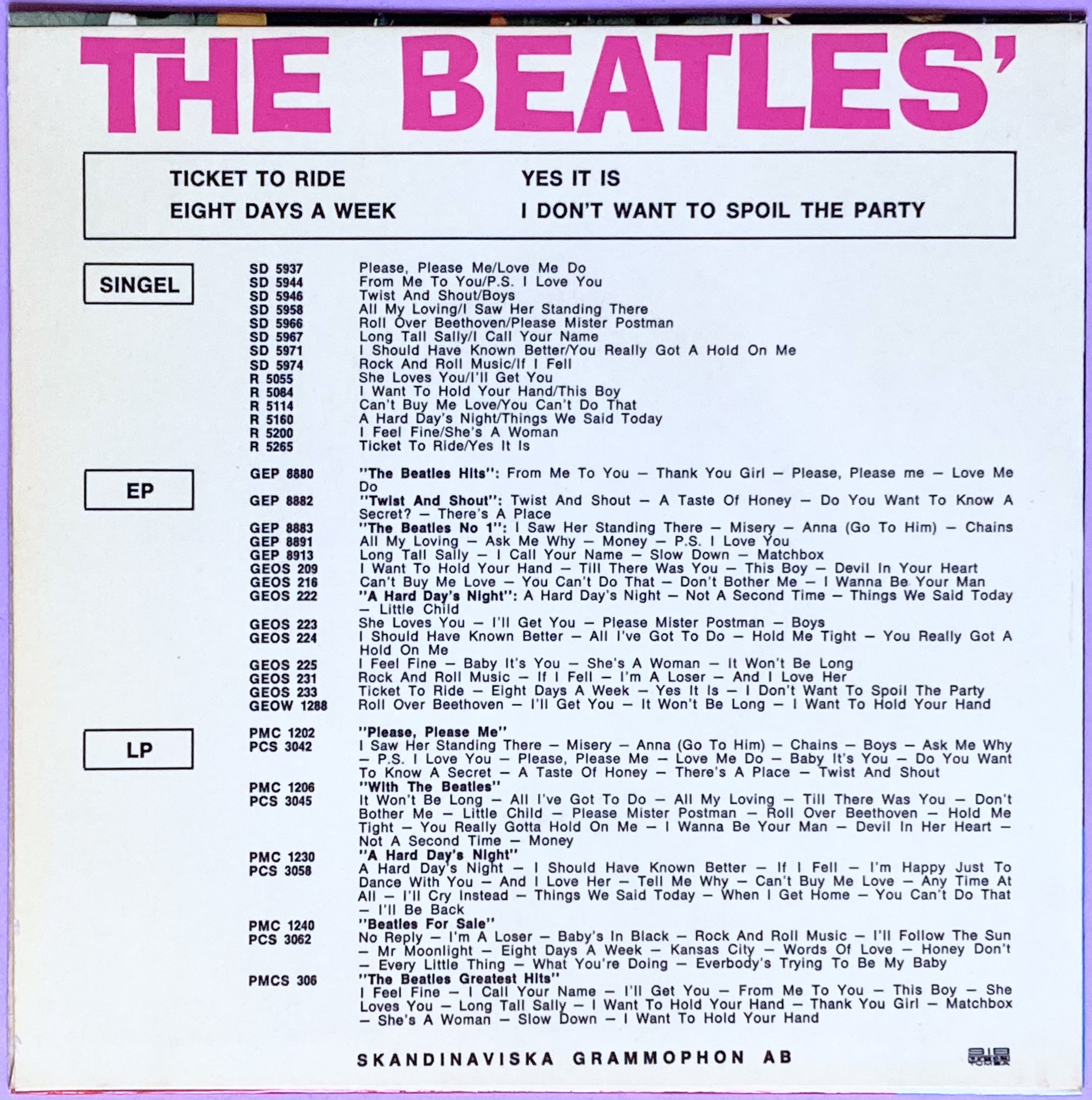 BEATLES - Ticket to ride +3 English cred. Swe EP 1965 - 2