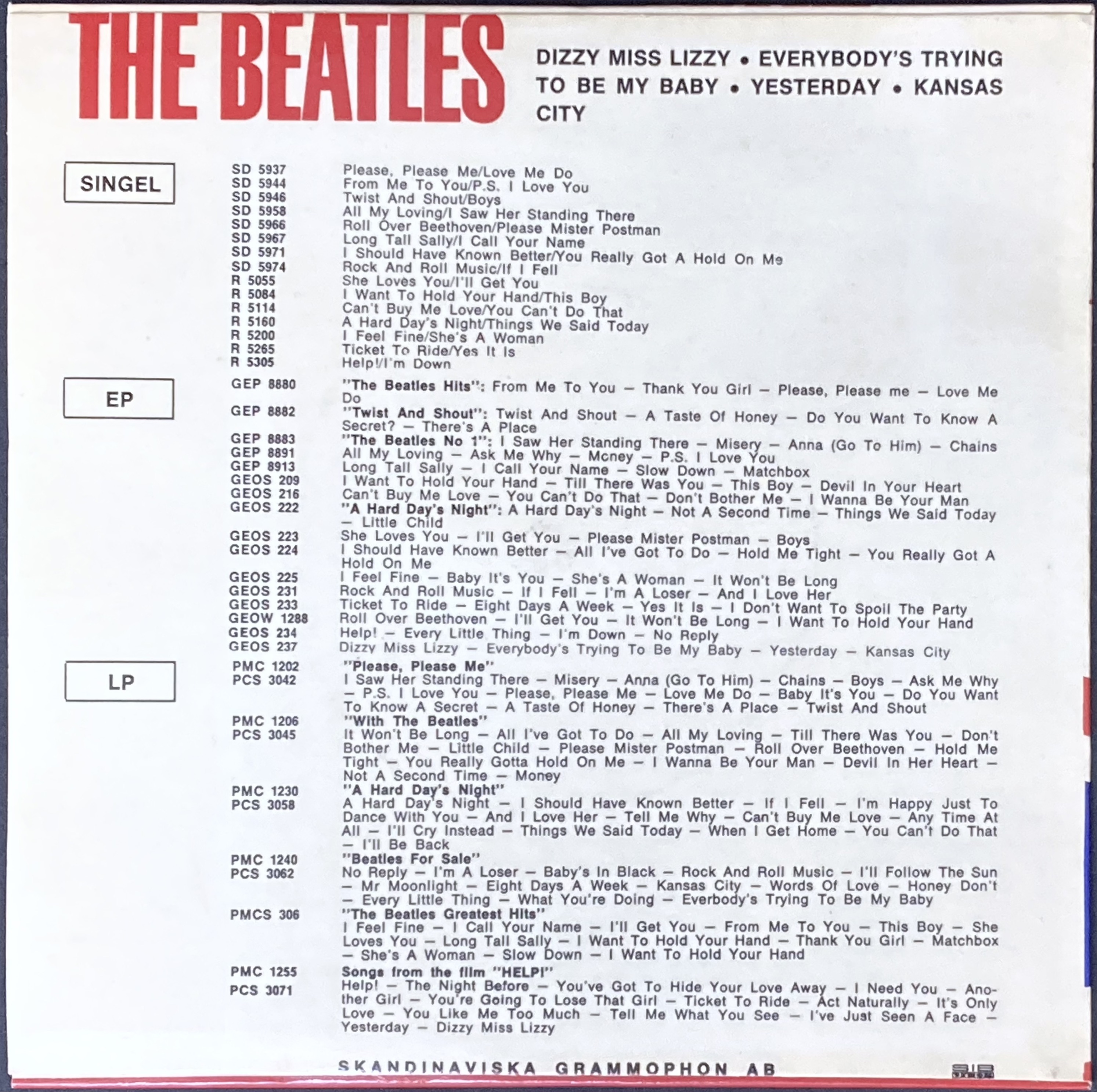 BEATLES - Dizzy miss Lizzy +3 English cred. Swe EP 1965  - 2