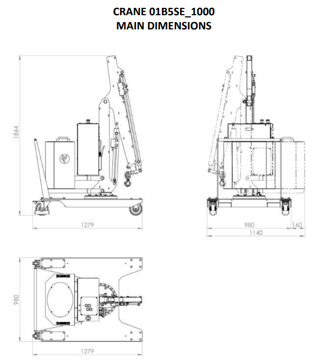 Mobil verkstadskran 01B5SE_1000, Maxlast: 500-100 kg / armlängd: 1410 mm - 2