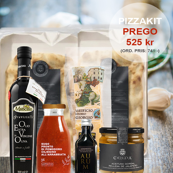 Pizzakit Prego, pizzabottnar, olivolja, tomatsås, Parmigiano Reggiano, balsamico och oliver.
