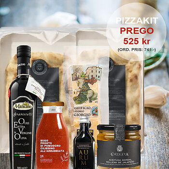 Pizzakit Prego, pizzabottnar, olivolja, tomatsås, Parmigiano Reggiano, balsamico och oliver.