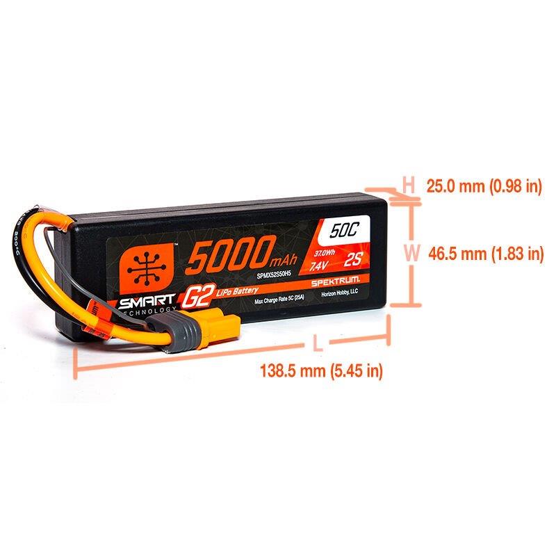 Spektrum 7.4V 5000mAh 2S 50C Smart G2 Hardcase LiPo Battery: IC5 - 2